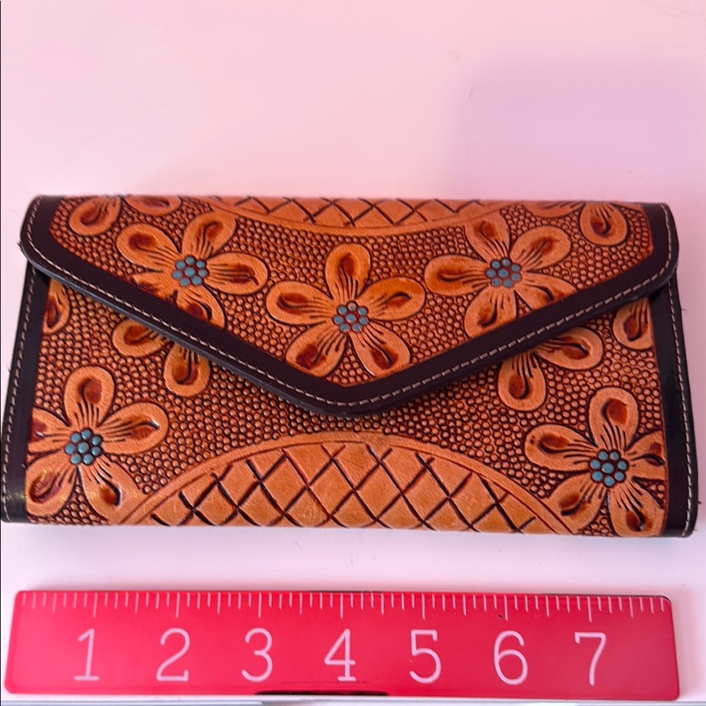 Floral Tan Leather Clutch